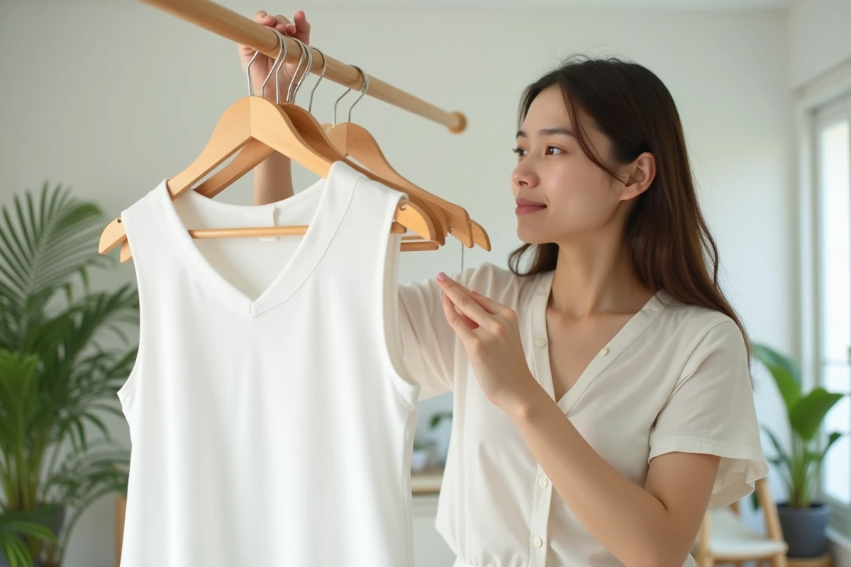 Jeune femme inspecte un robe en coton suspendue sur un étendoir intérieur