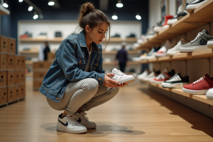 Jeune femme en denim dans un magasin de sneakers