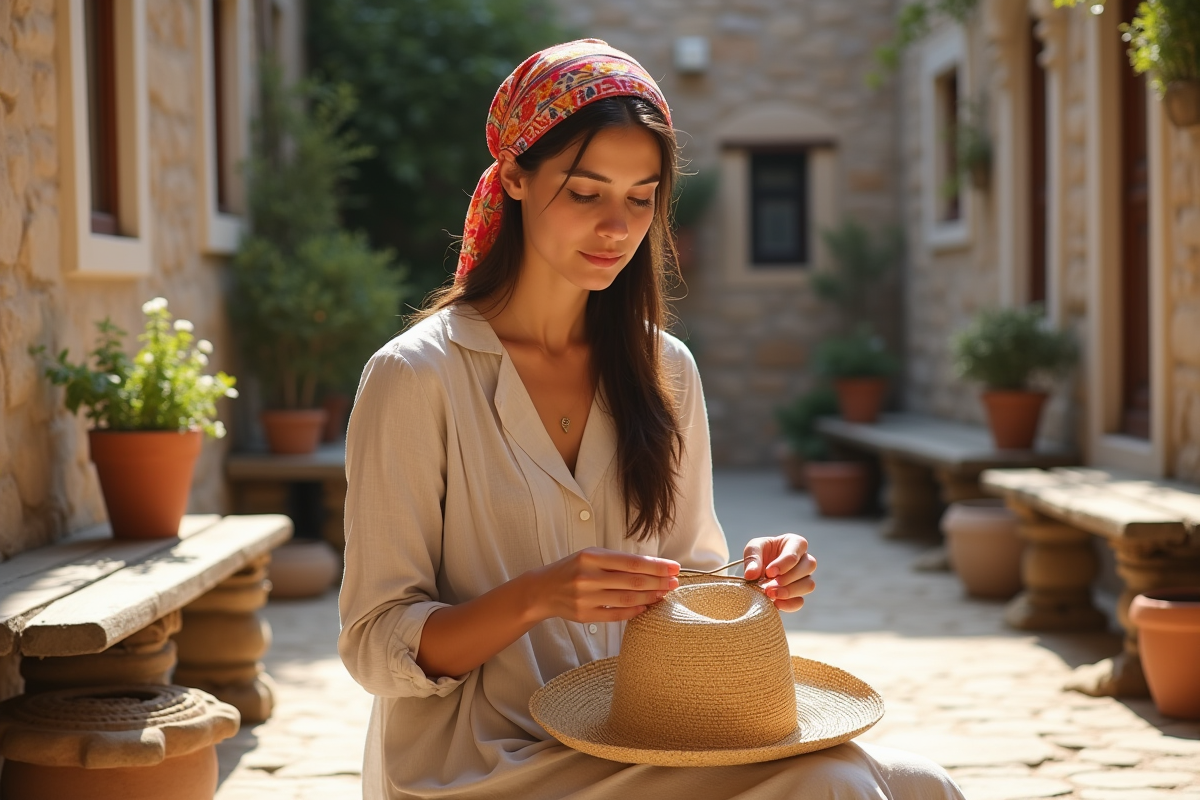 Jeune femme tissant un chapeau en plein air