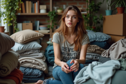 Jeune femme triant des vêtements usés dans un appartement