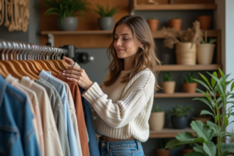 Jeune femme examine des vêtements en fibres naturelles dans une boutique éthique