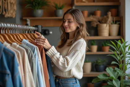 Jeune femme examine des vêtements en fibres naturelles dans une boutique éthique