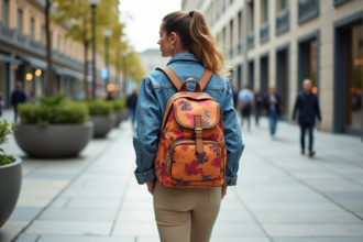 Jeune femme urbaine avec sac cabaiya en marchant
