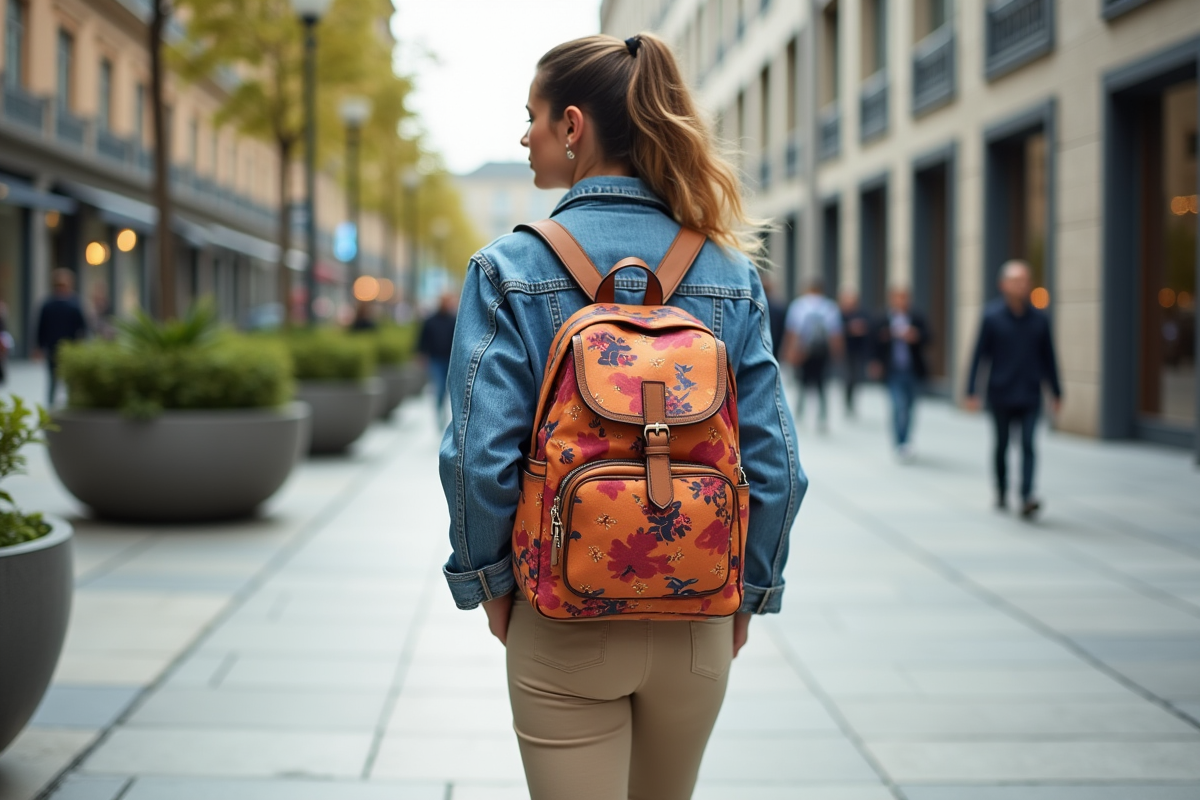 Jeune femme urbaine avec sac cabaiya en marchant