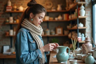 Jeune femme dans une boutique vintage regardant des objets anciens