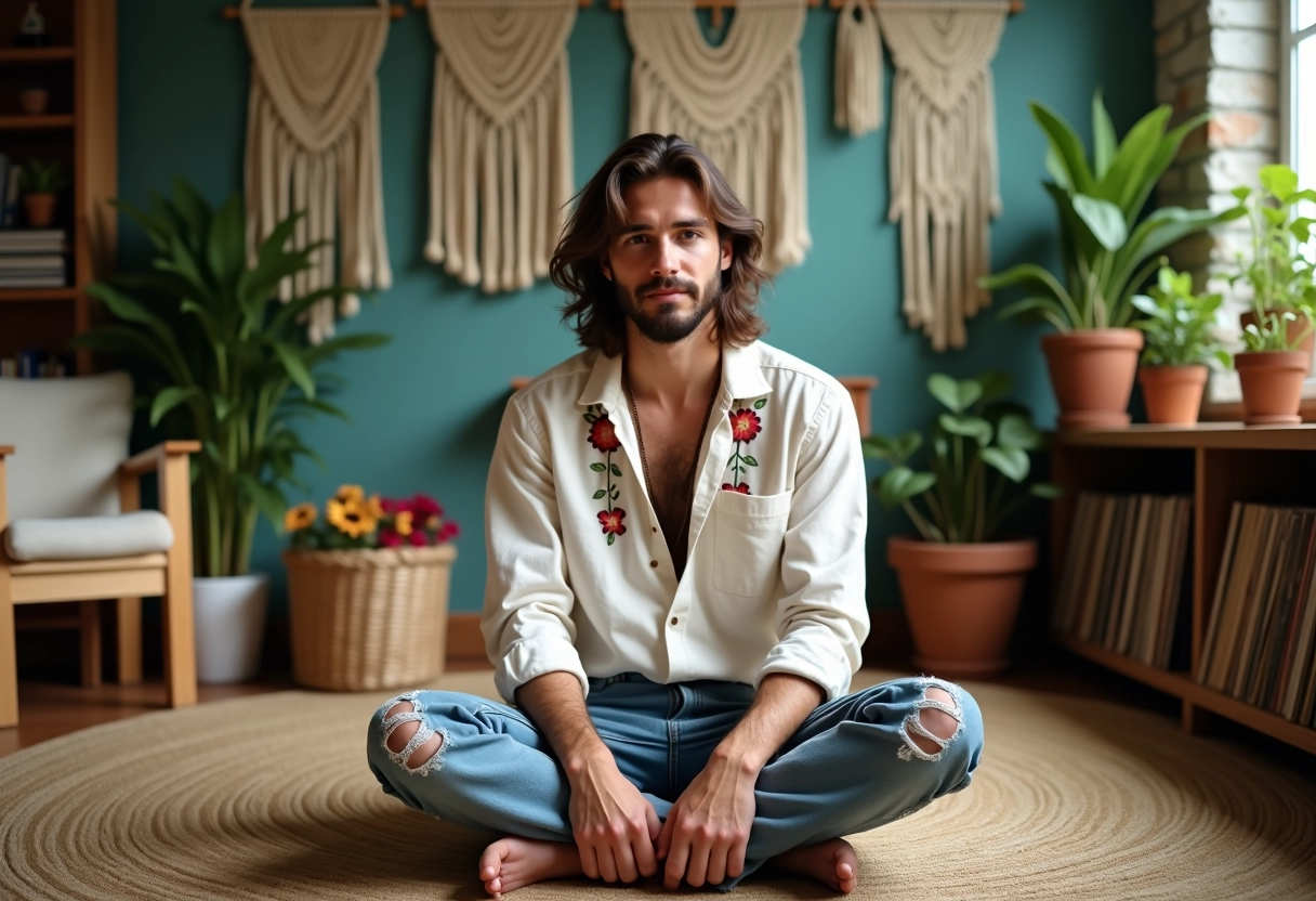 Jeune homme boheme dans un salon cosy avec vinyles et plantes