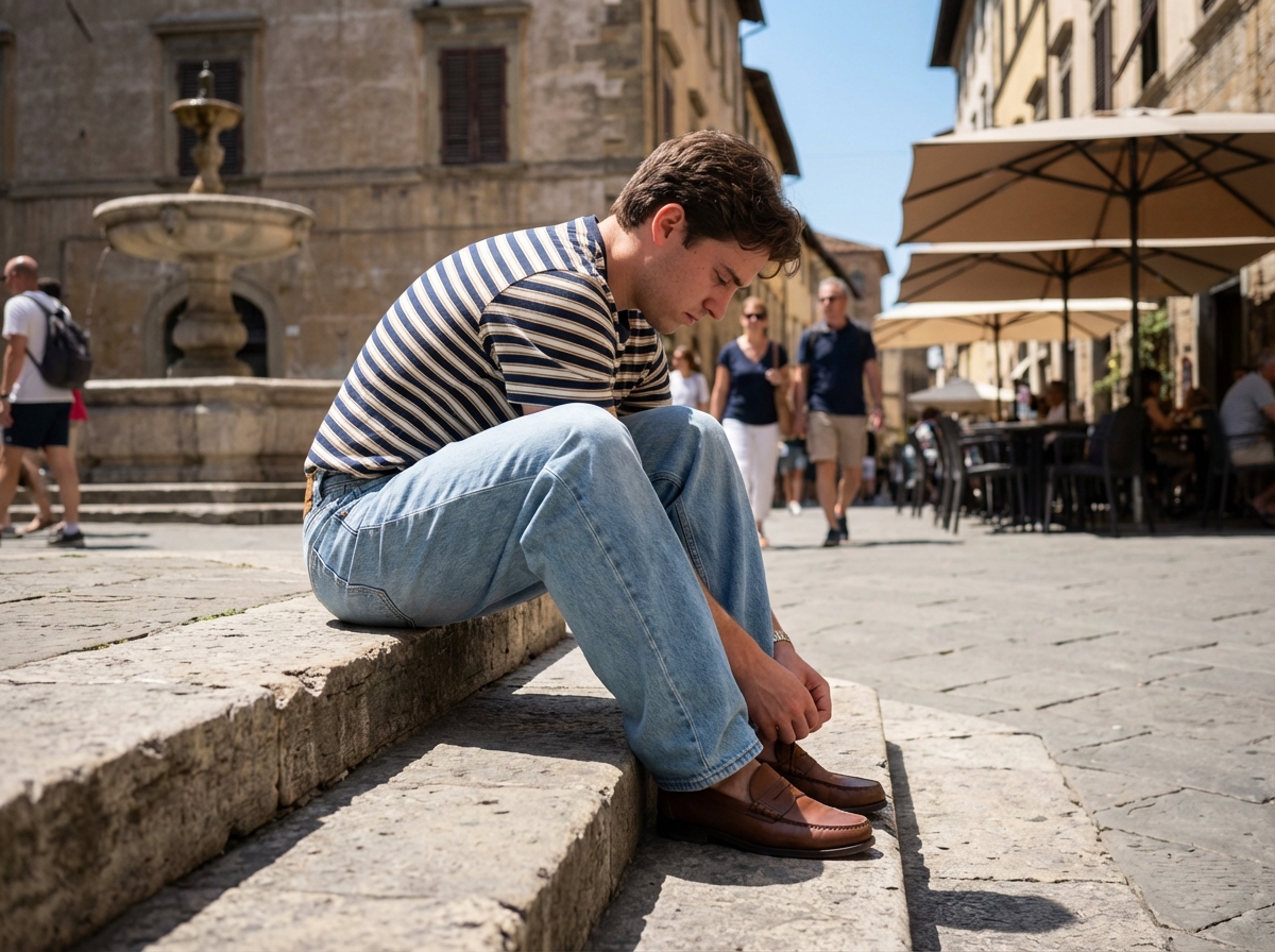 Jeune homme assis sur un banc en jeans larges