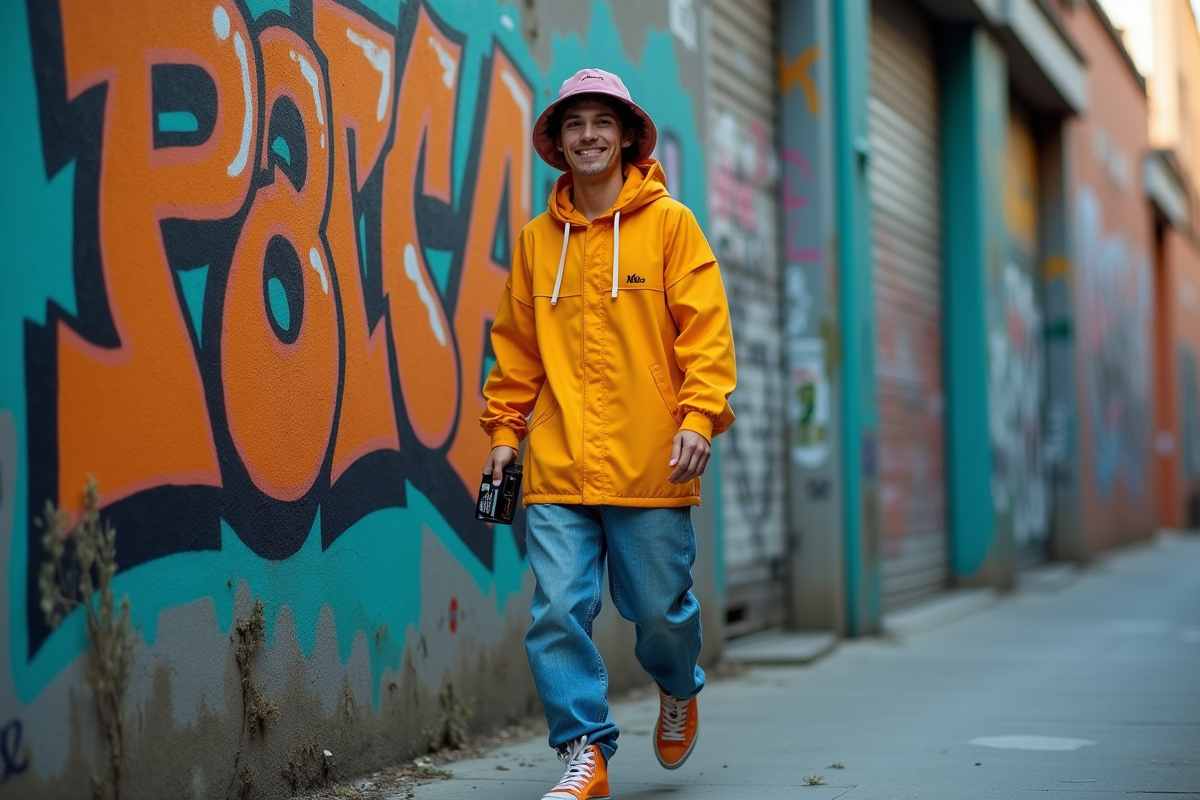 Jeune homme en windbreaker dans une rue urbaine graffiti