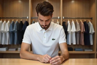 Jeune homme examine logo crocodile sur polo blanc