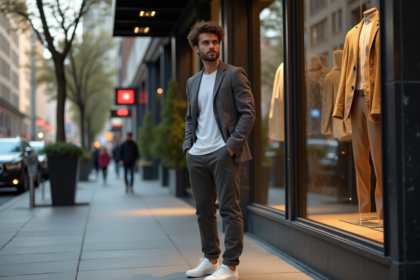 Jeune homme élégant devant une boutique urbaine de luxe