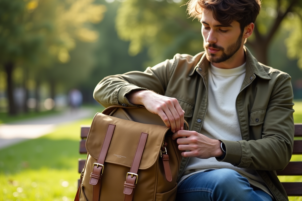 Jeune homme organisant sac cabaiya dans un parc