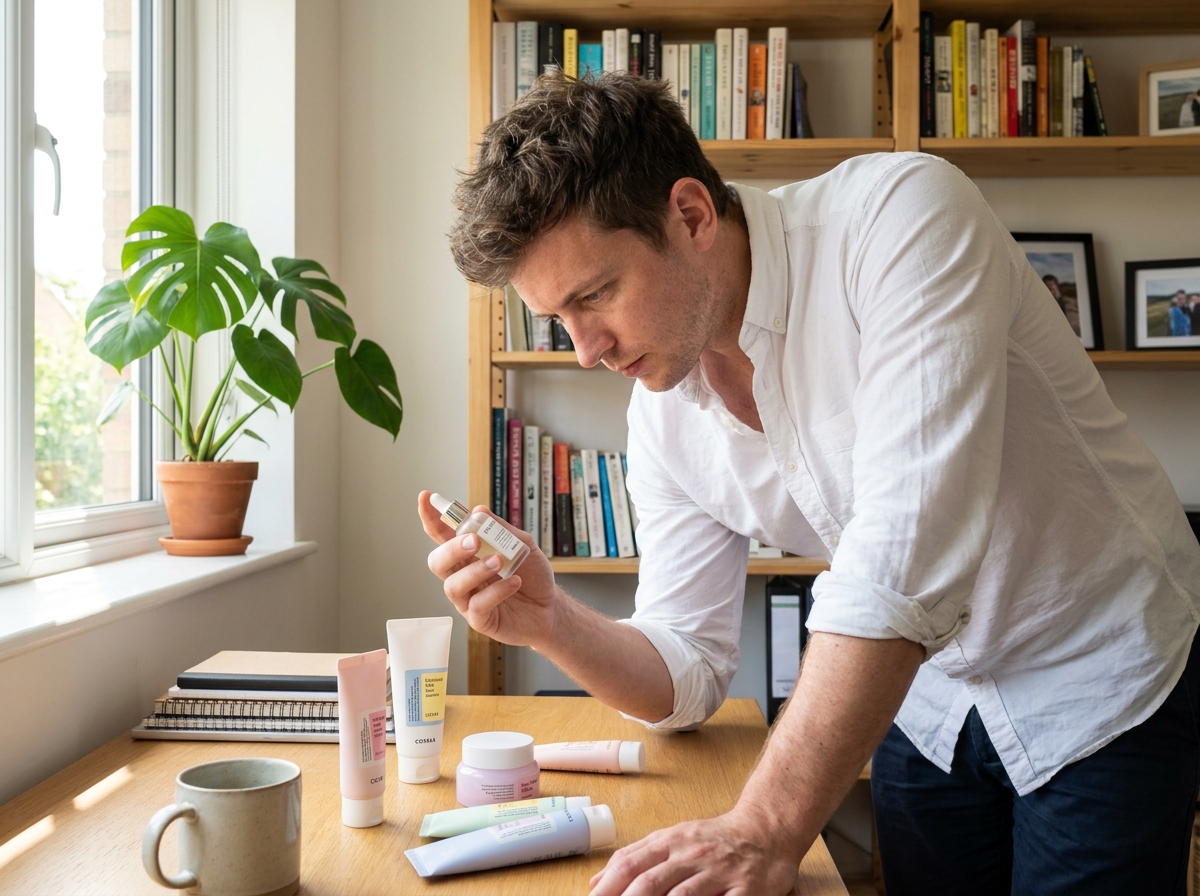 Jeune homme examinant des produits de soin sur un bureau lumineux