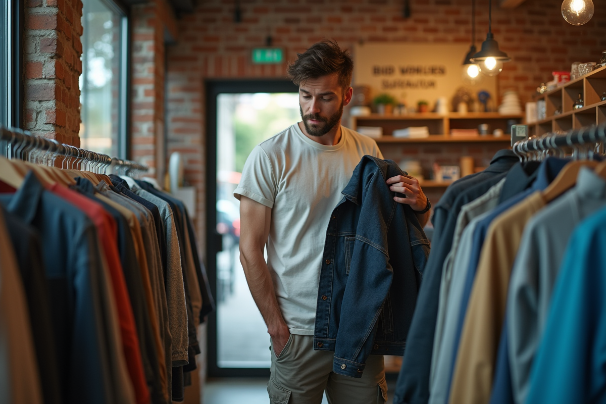 Jeune homme regardant une veste dans une boutique de seconde main