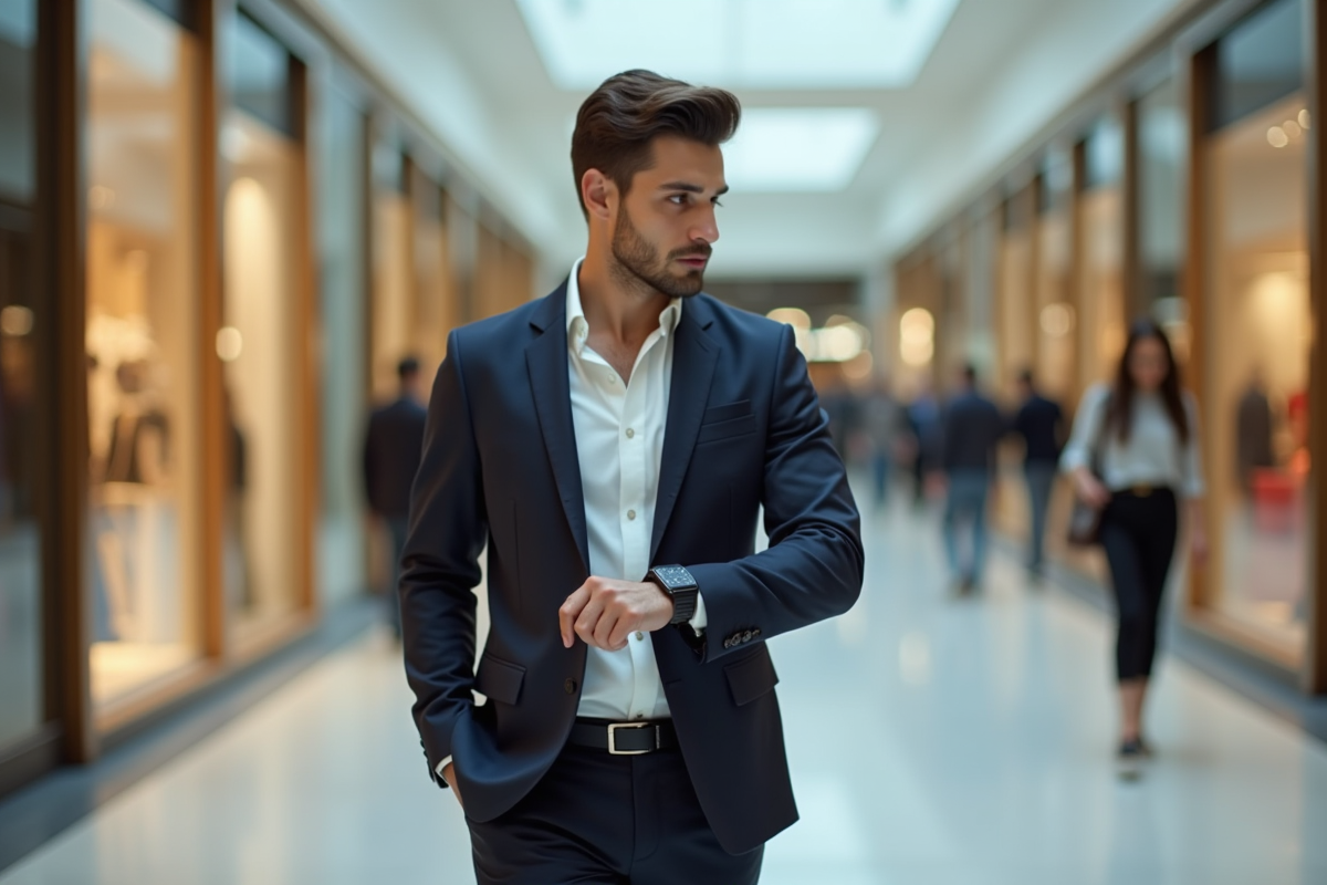 Jeune homme élégant marchant dans un centre commercial
