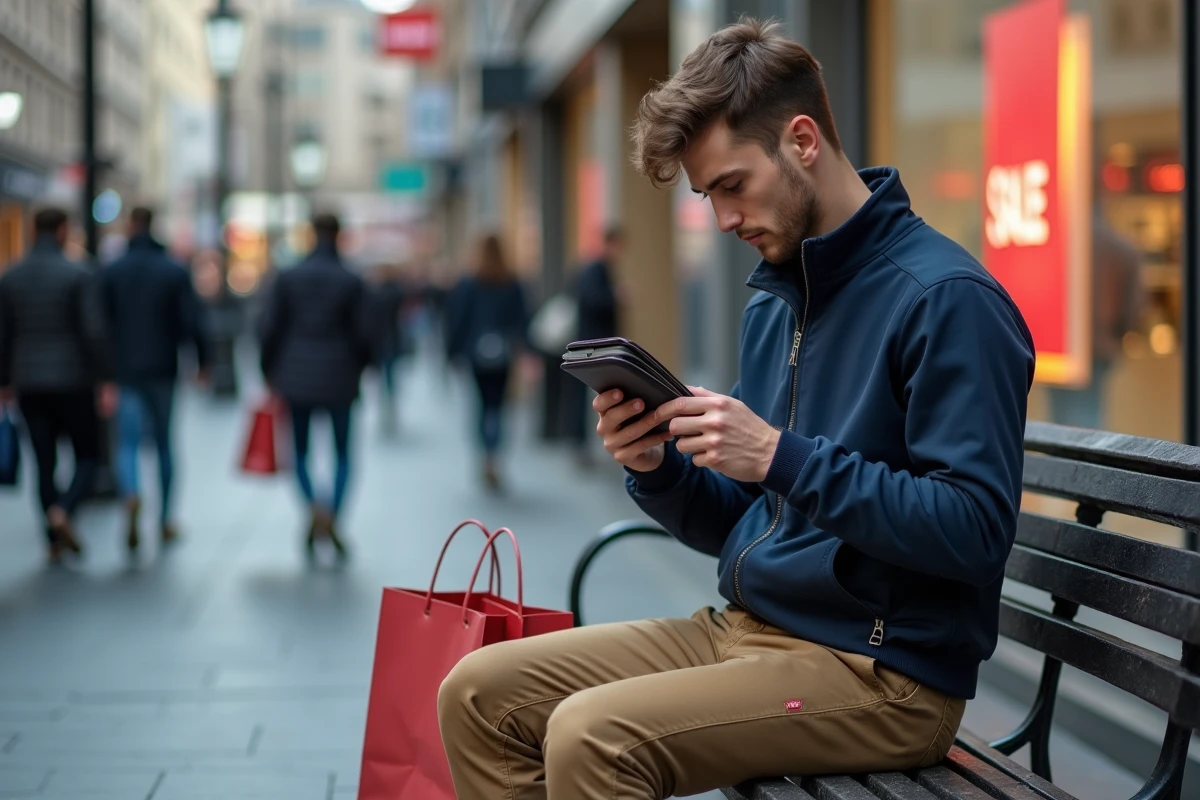 Jeune homme assis sur un banc de rue examinant son portefeuille