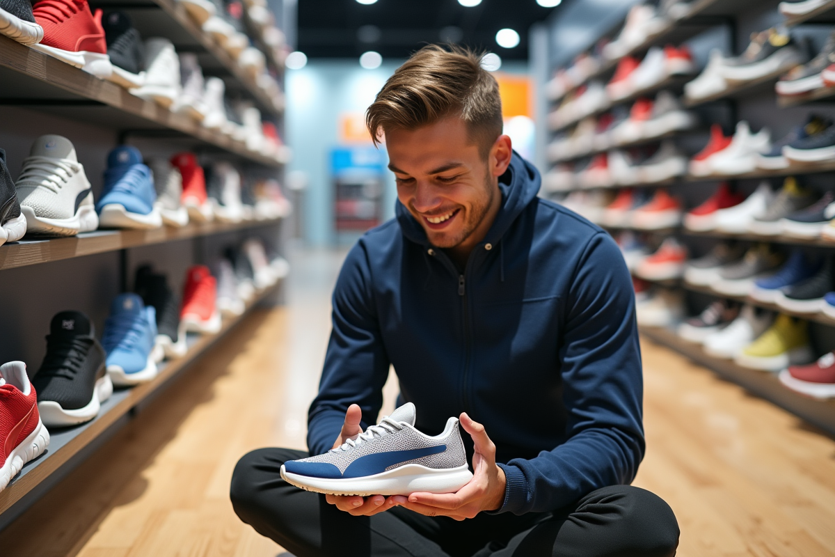 Jeune homme dans un magasin de sneakers regardant une paire