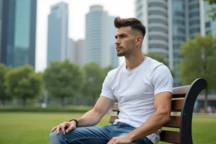 Jeune homme en T-shirt blanc et jeans slim dans un parc urbain
