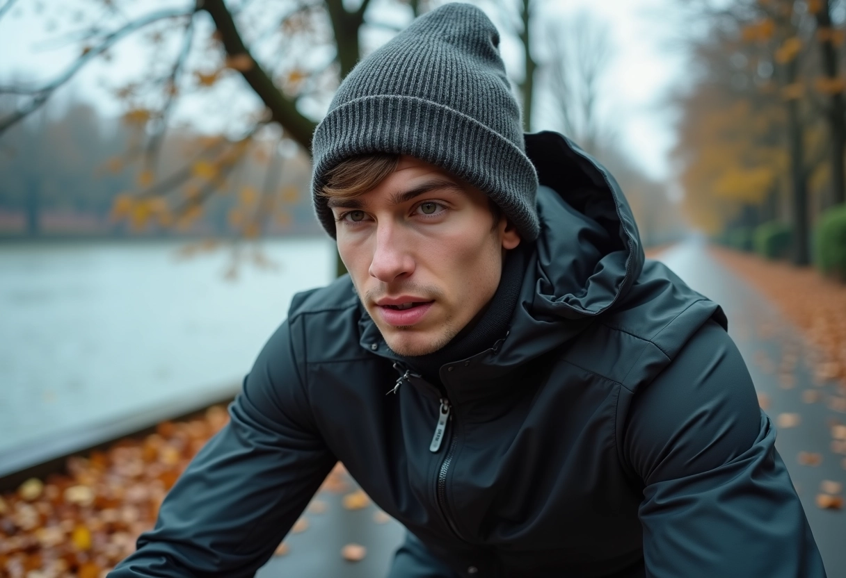 Jeune homme en vélo dans un parc automnal avec veste imperméable