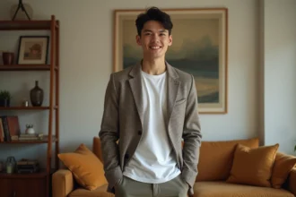 Jeune homme en blazer vintage dans un salon années 60