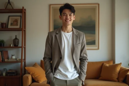 Jeune homme en blazer vintage dans un salon années 60