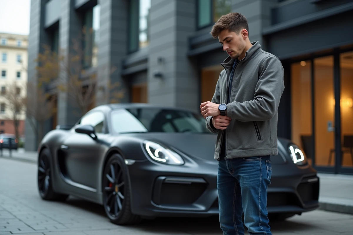Jeune homme avec montre devant une voiture en ville moderne