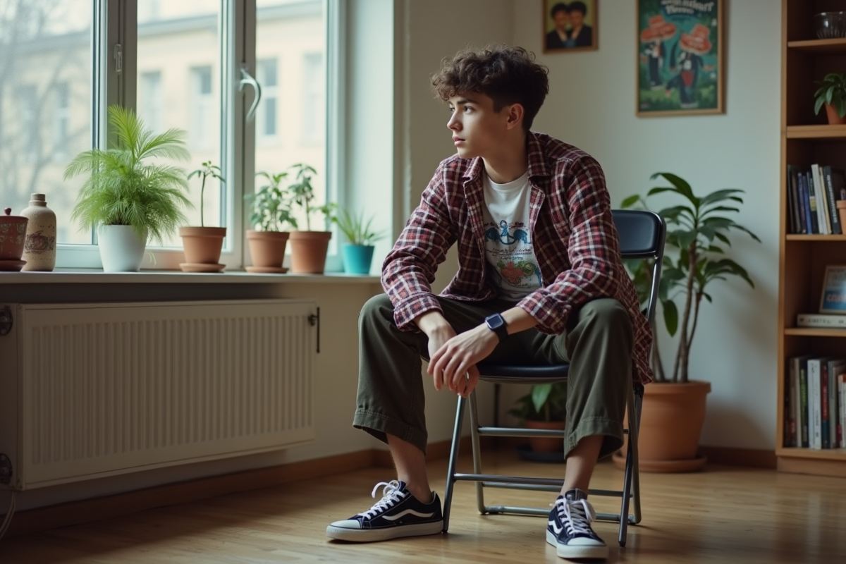 Jeune homme en intérieur avec vêtements vintage et ambiance nostalgique