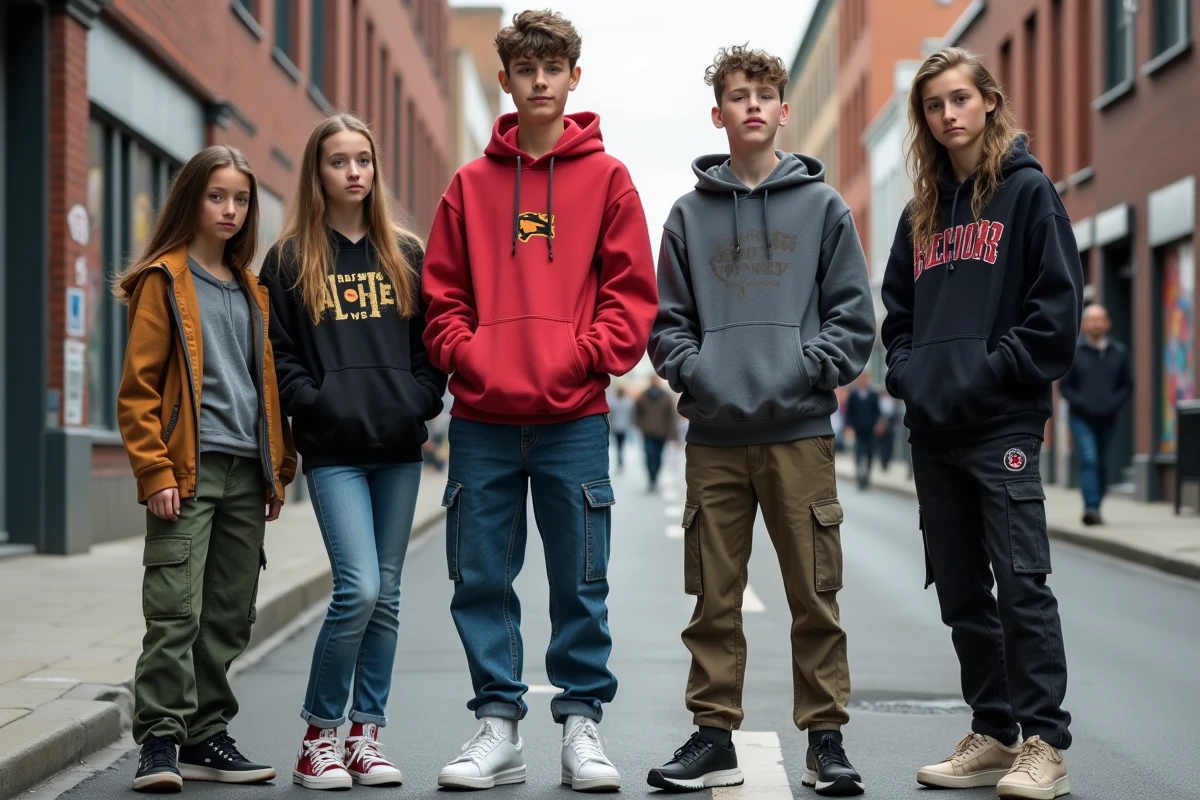Groupe d'adolescents en streetwear dans la rue urbaine