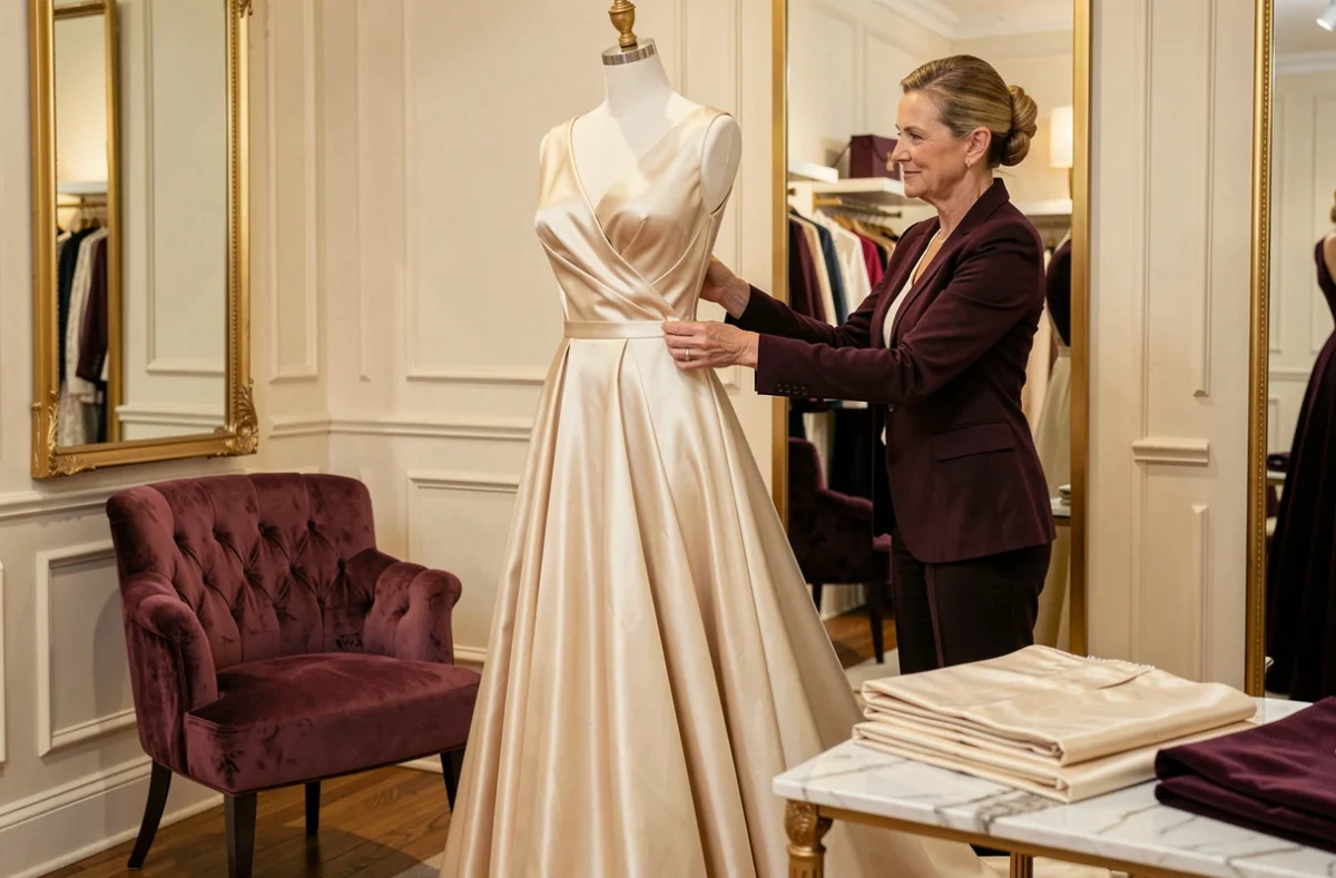 Couturière élégante ajustant une robe de soirée sur un mannequin dans la boutique La Femme Célèbre à Bordeaux