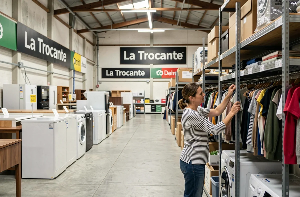 Intérieur du dépôt-vente La Trocante à Carcassonne avec rayons organisés et personnel en action