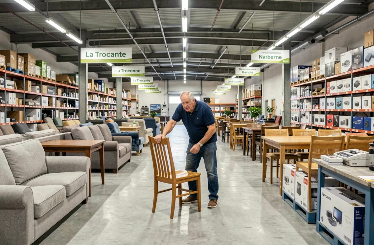 Vaste entrepôt du dépôt-vente La Trocante à Narbonne avec meubles et objets d'occasion classés