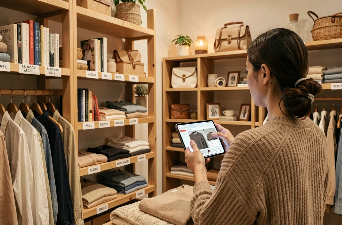 Employé de Label Emmaüs Montreuil photographiant un article pour la vente en ligne dans la boutique physique
