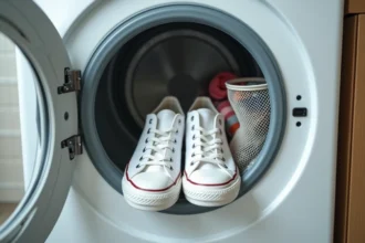 Baskets blanches converses placées dans un tambour de machine à laver avec un filet de lavage