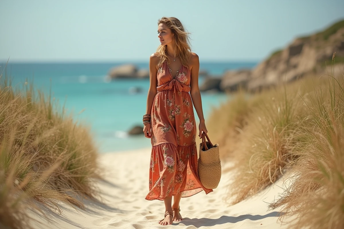 Femme en robe fleurie longue bohème terracotta avec sandales en cuir et sac en rotin marchant sur un chemin côtier naturel, look bohème estival