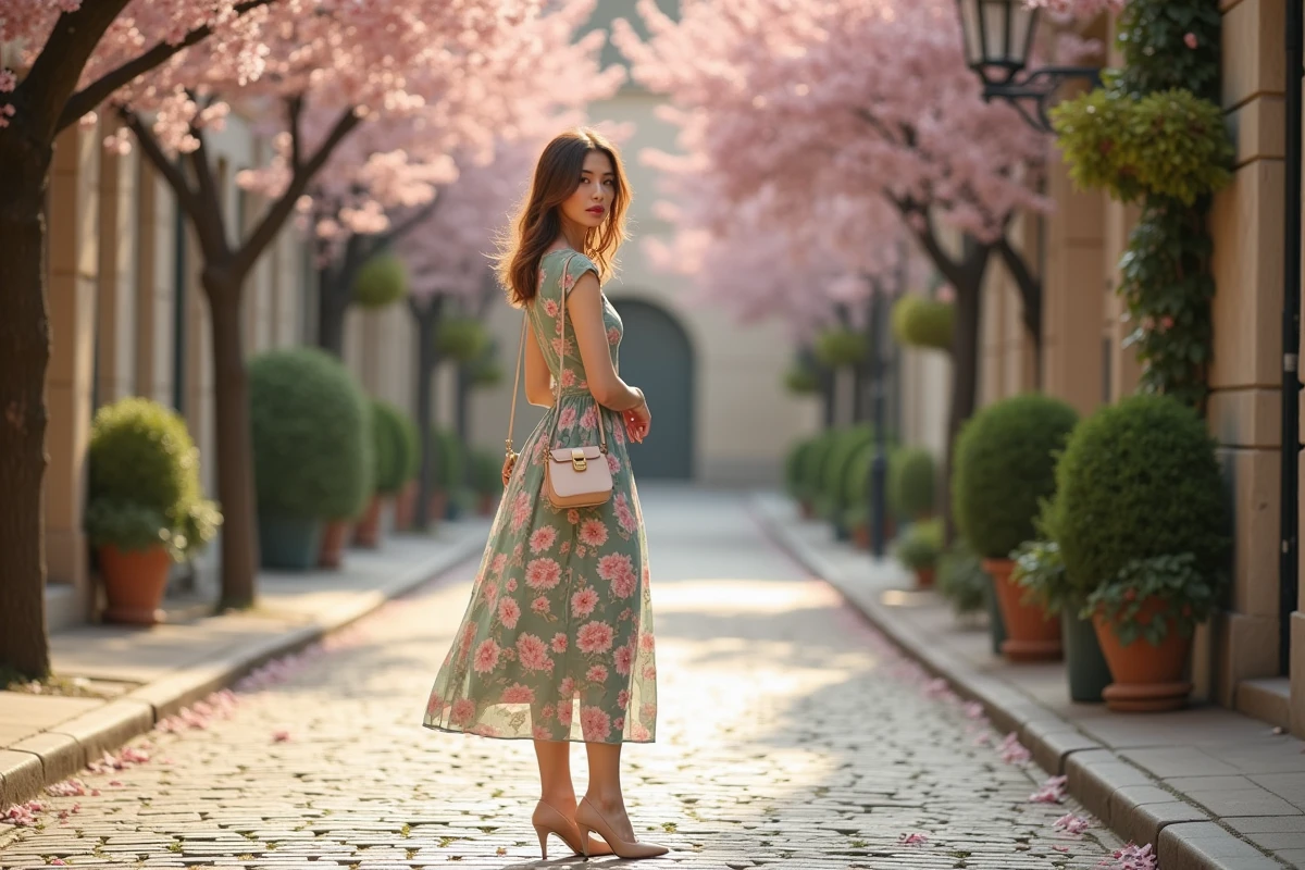 Femme en robe fleurie midi pastel avec escarpins beige dans une rue pavée bordée de cerisiers en fleurs au printemps, look classique printanier