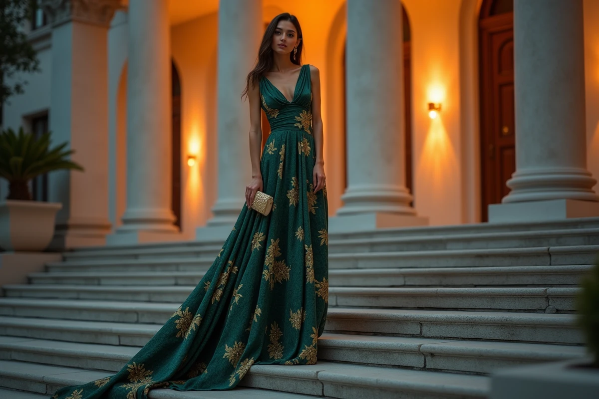Femme en robe fleurie maxi longue en brocart émeraude et doré avec sandales dorées et pochette brodée sur les marches d'un grand bâtiment classique en soirée, look de soirée noble