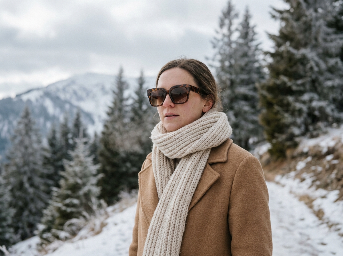 Femme portant des lunettes de soleil tendance en hiver sur un chemin enneigé en montagne