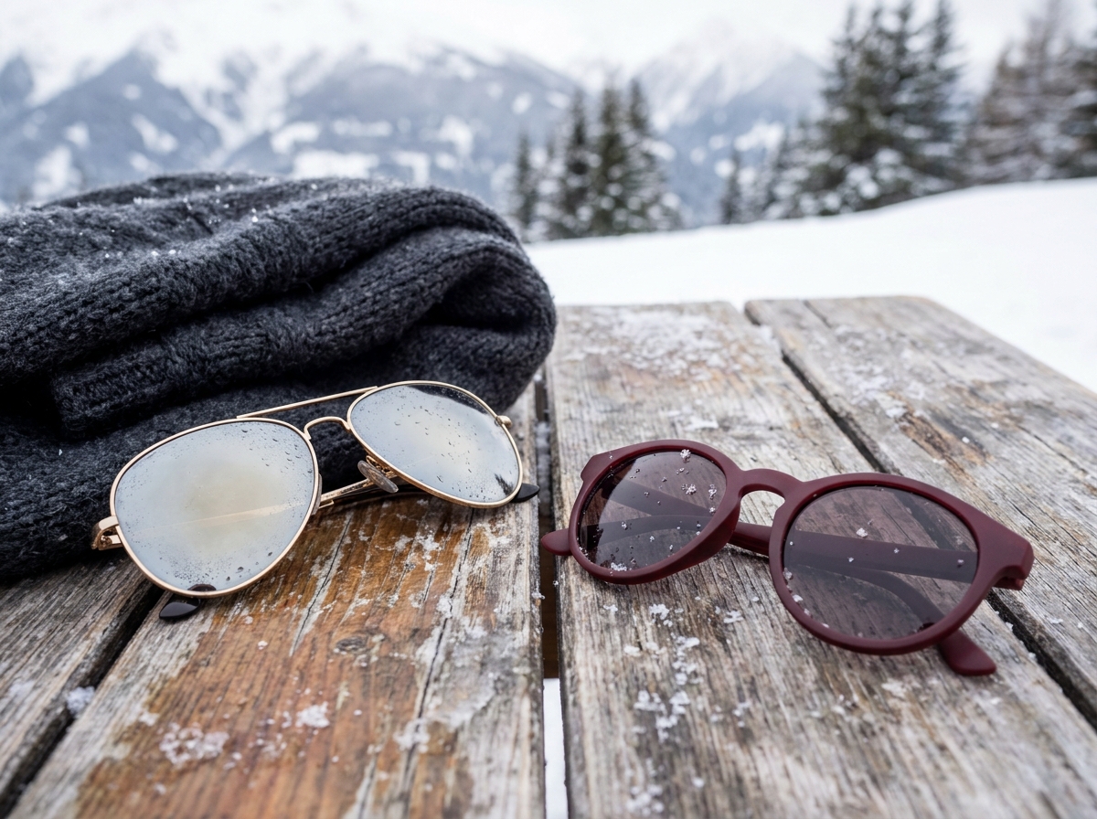 Gros plan de lunettes de soleil pour l'hiver posées sur une surface en bois enneigée