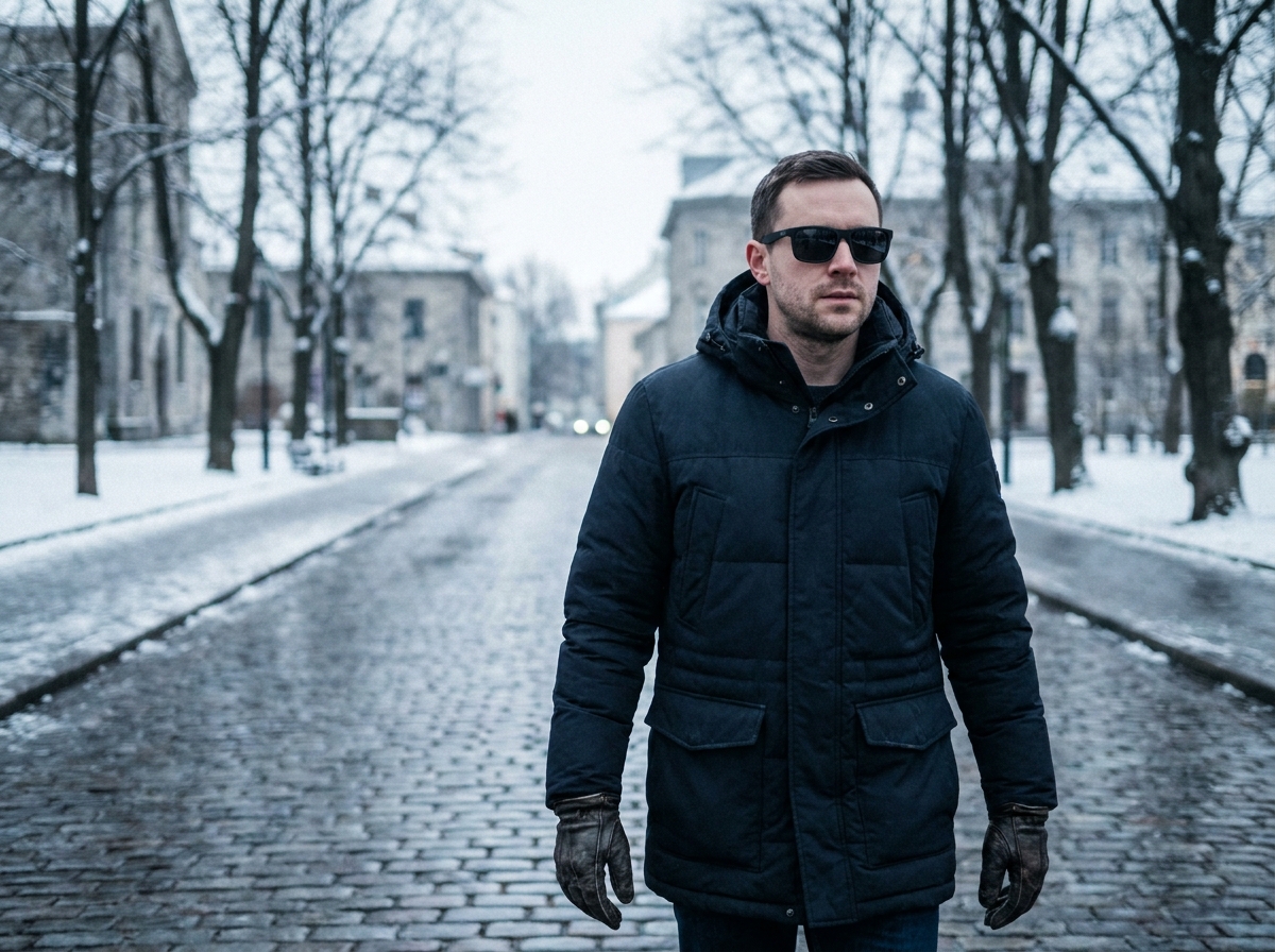 Homme en lunettes de soleil polarisées marchant dans une rue urbaine en hiver