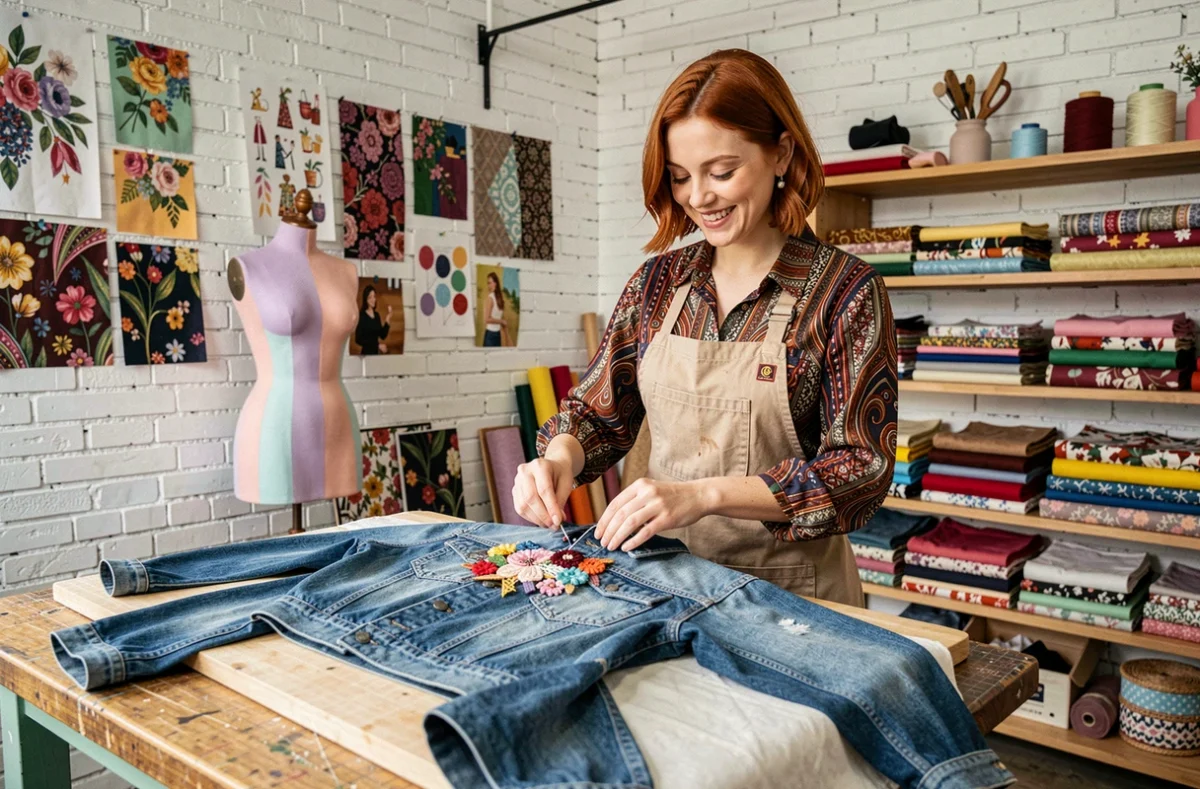 Créatrice appliquant un motif brodé sur une veste en jean dans l'atelier Made In Jenn à Bordeaux