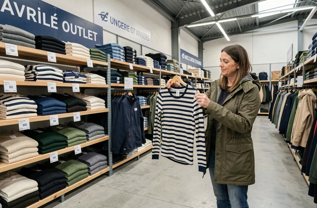 Magasin d'usine Armor Lux à Avrillé avec des rayons de marinières et vêtements bretons en vente directe
