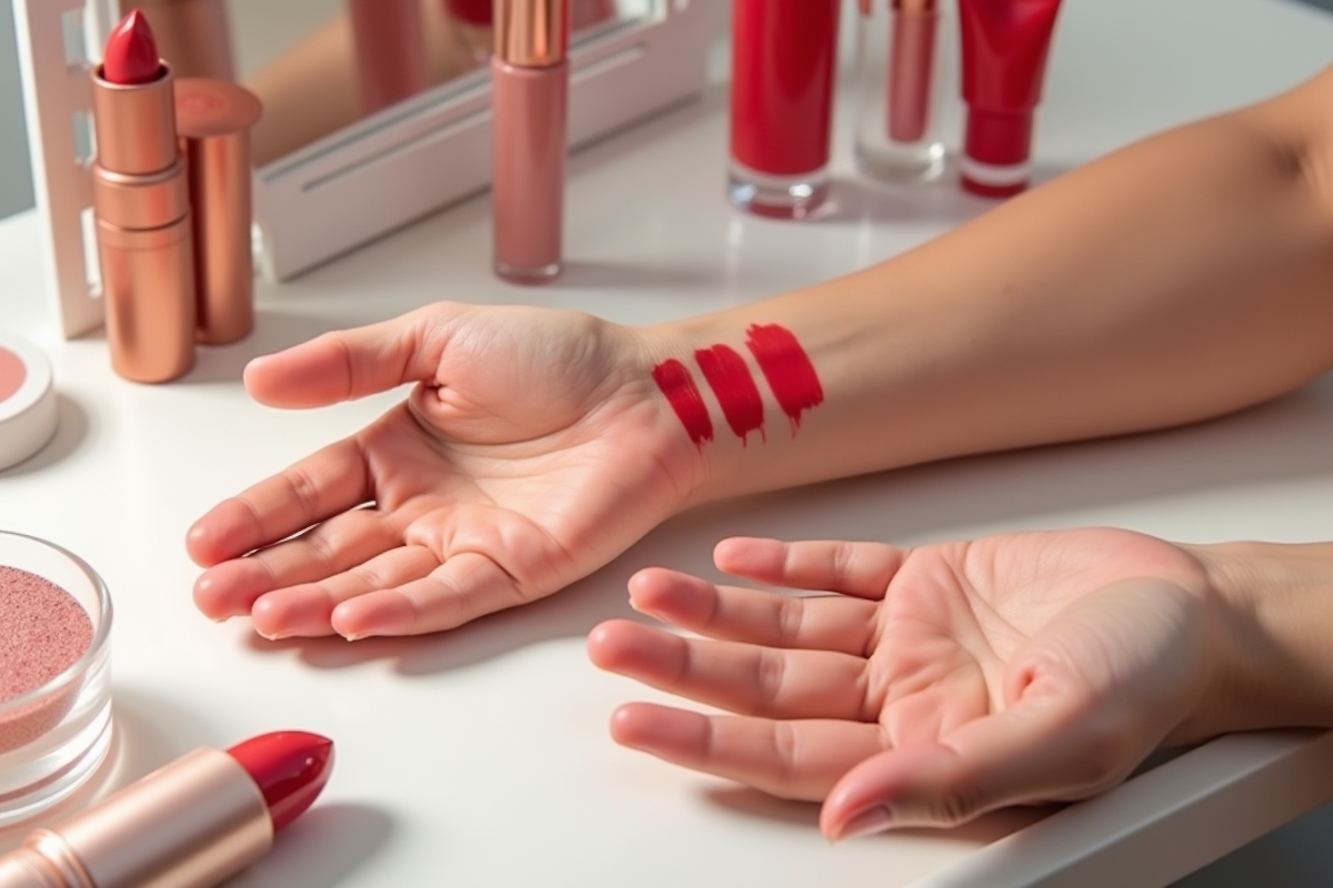 Arrangement de rouges à lèvres et échantillons de couleurs