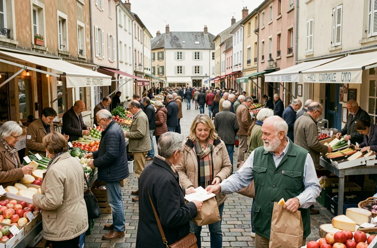 Marché hebdomadaire animé sur la place principale de Givors avec habitants et commerçants locaux