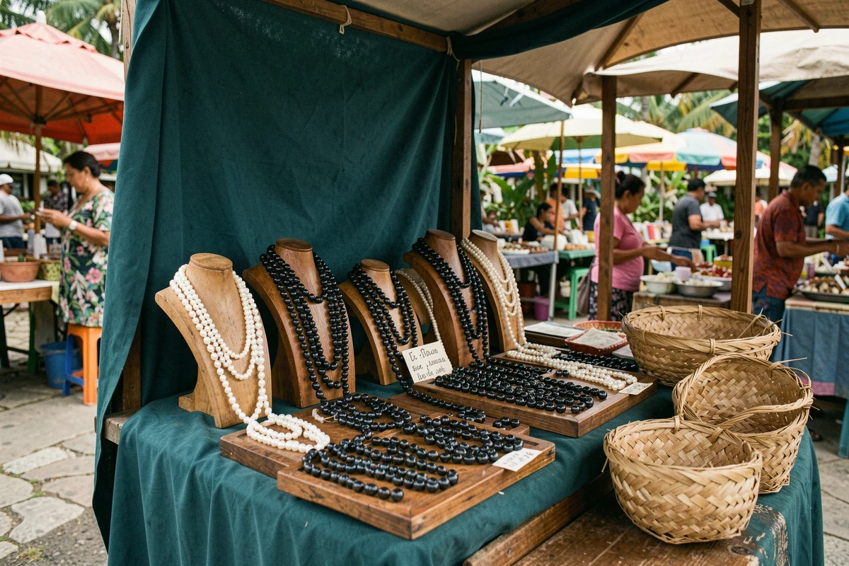 Étal de marché polynésien présentant des colliers et des perles de Tahiti avec étiquettes de prix en plein air