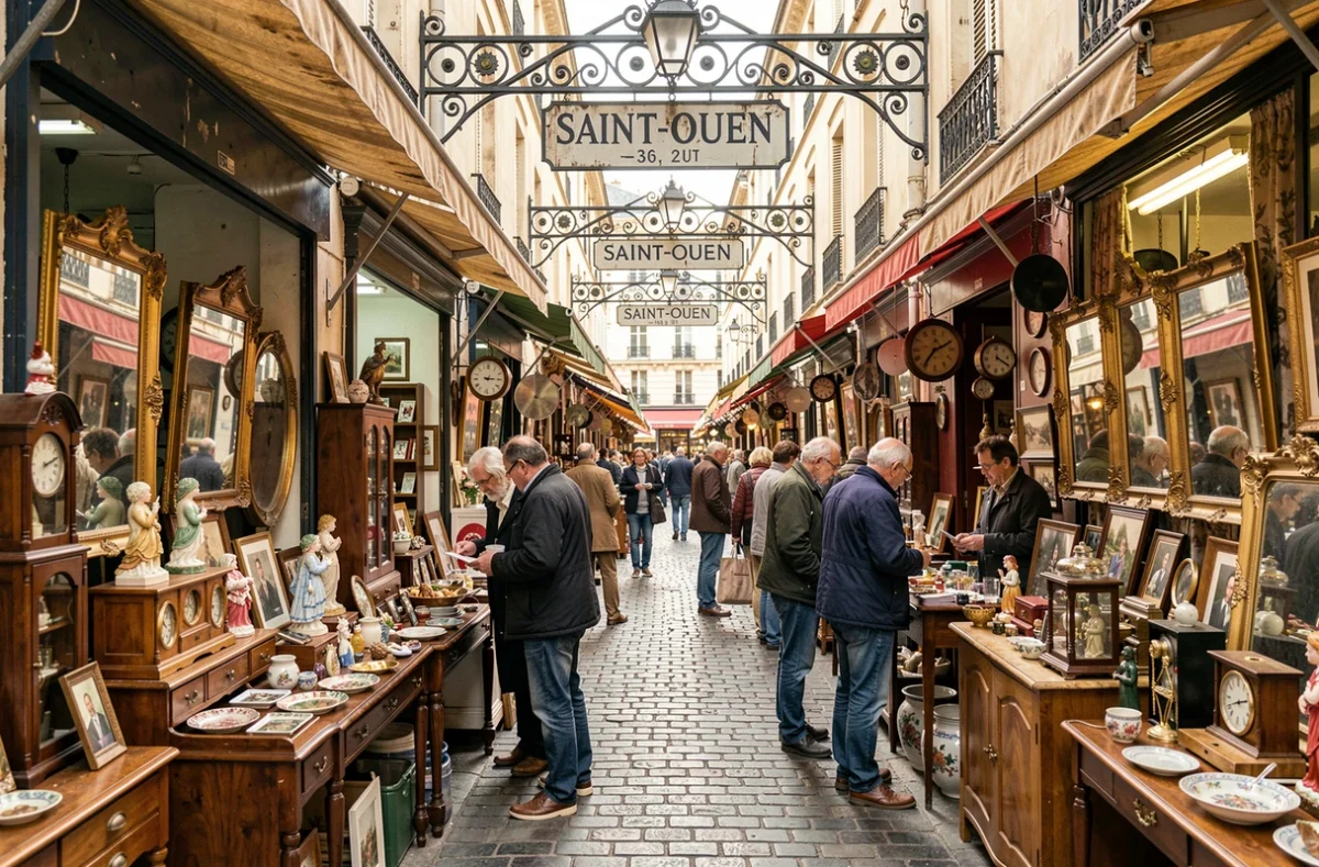 Allée du Marché aux Puces de Saint-Ouen avec antiquités, meubles vintage et objets de collection