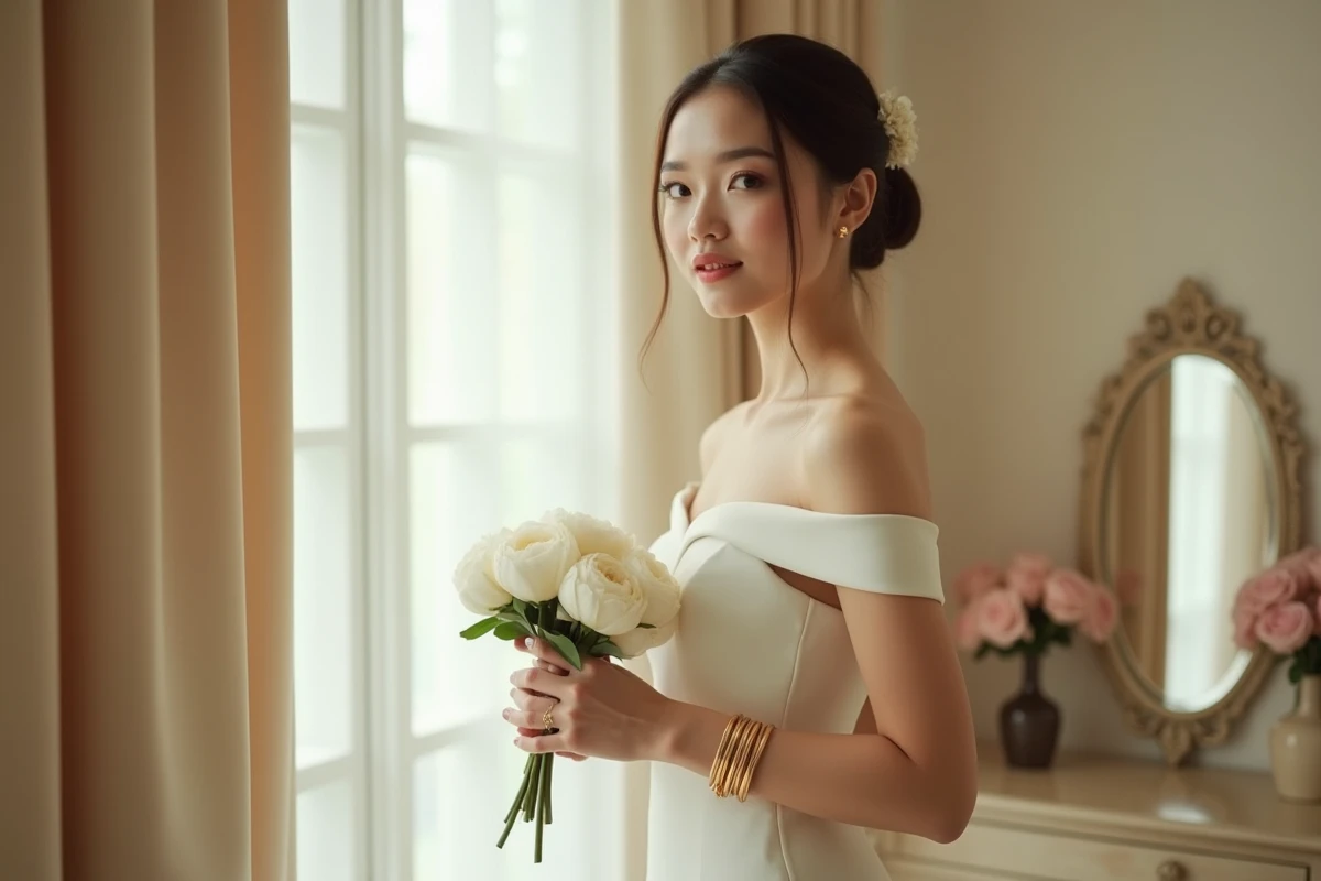 Mariée en robe ivoire portant des bracelets jonc en or empilés avec un bouquet de pivoines blanches dans une suite nuptiale