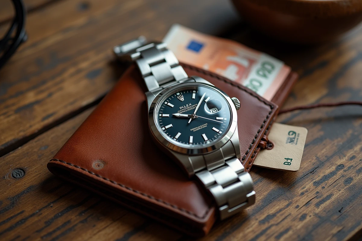 Montre de luxe Rolex en acier posée sur un portefeuille en cuir avec des billets d'euros sur une table en bois rustique