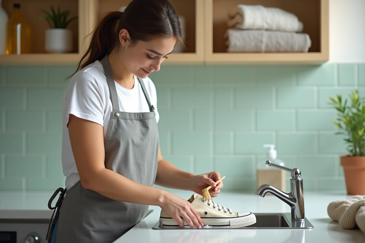 Femme nettoyant des converses blanches à la main avec une brosse et de l'eau savonneuse