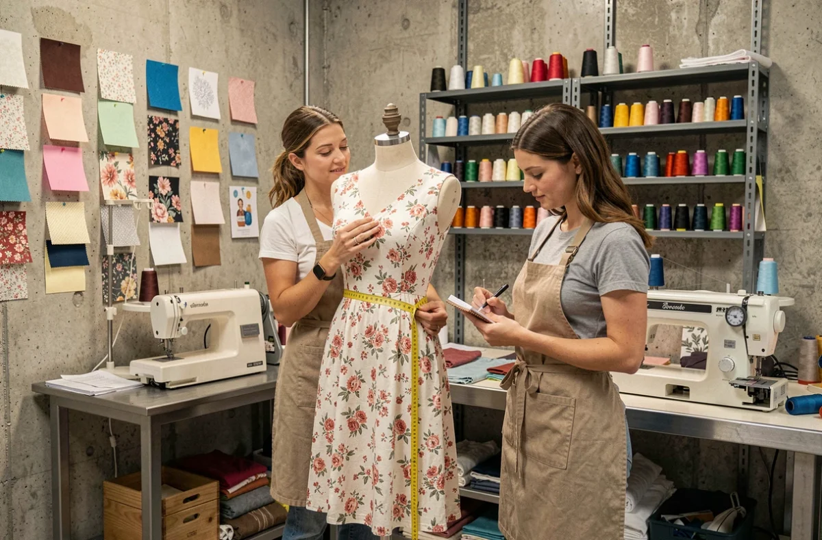 Deux couturières travaillant ensemble sur une robe fleurie dans l'atelier Ntl Création Aux P'tites Mains à Bordeaux