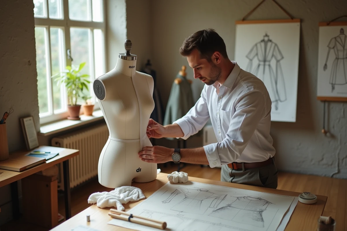 Homme en studio mesurant un mannequin avec un ruban tissu
