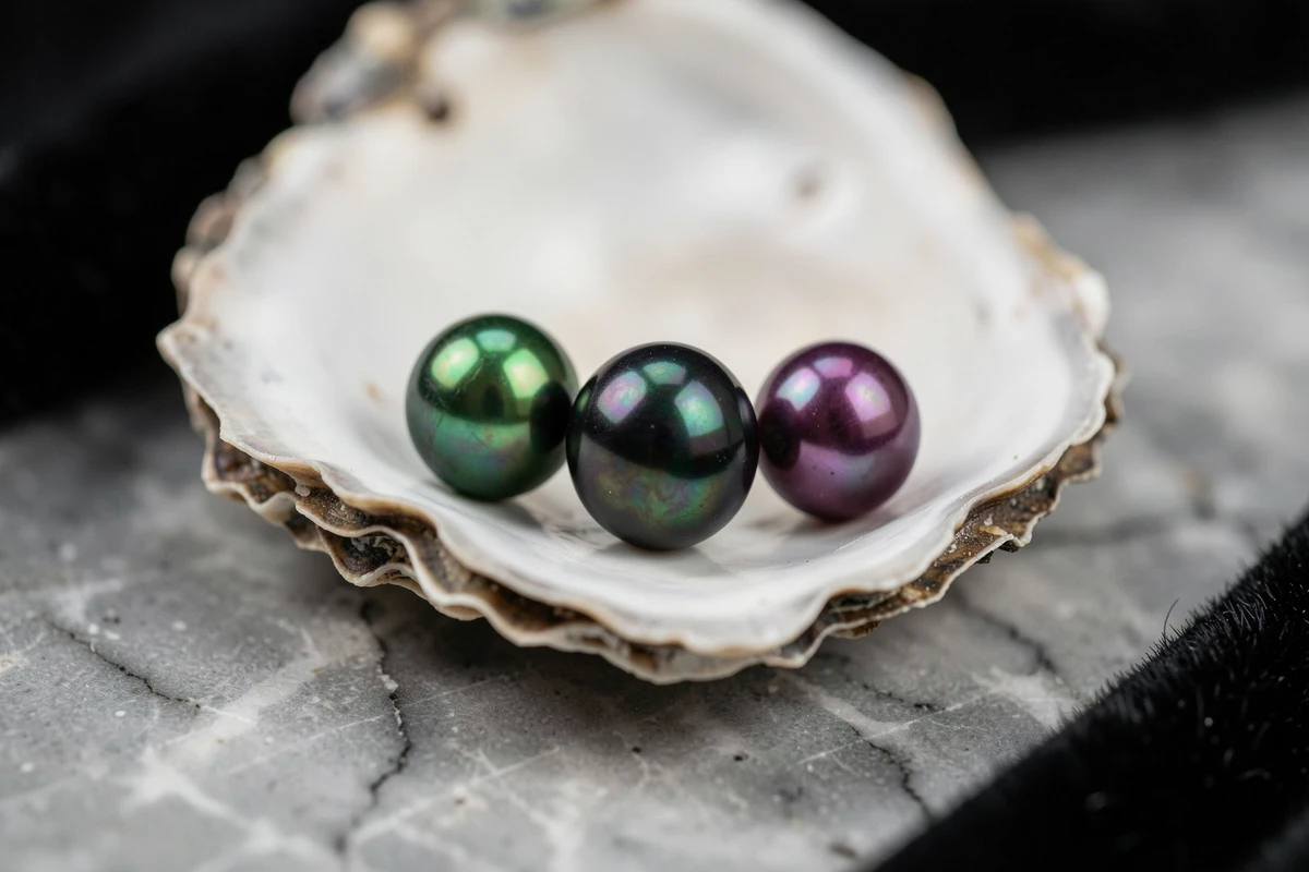 Trois perles de Tahiti noires aux reflets irisés posées sur une coquille d'huître et un marbre gris, gros plan macro réaliste